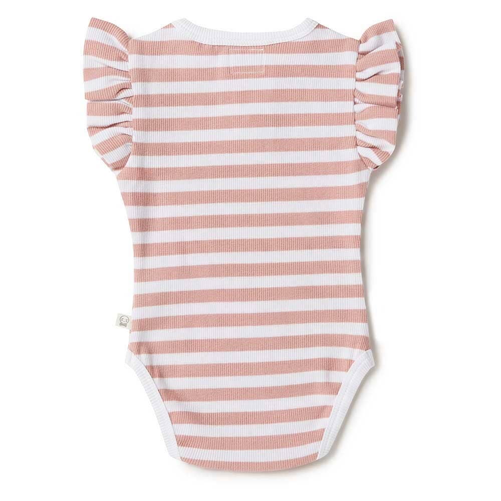 Pink and white striped baby onesie with ruffled sleeves on a white background