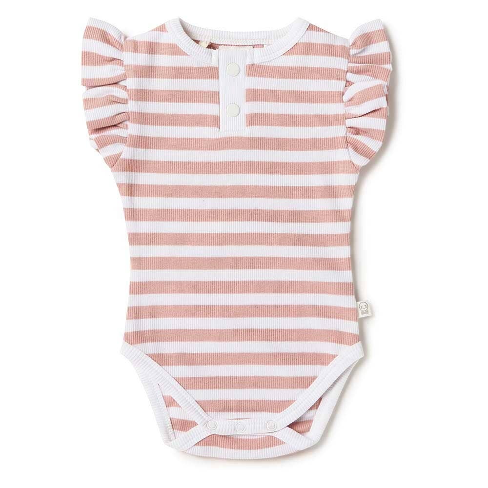 Pink and white striped baby onesie on a white background