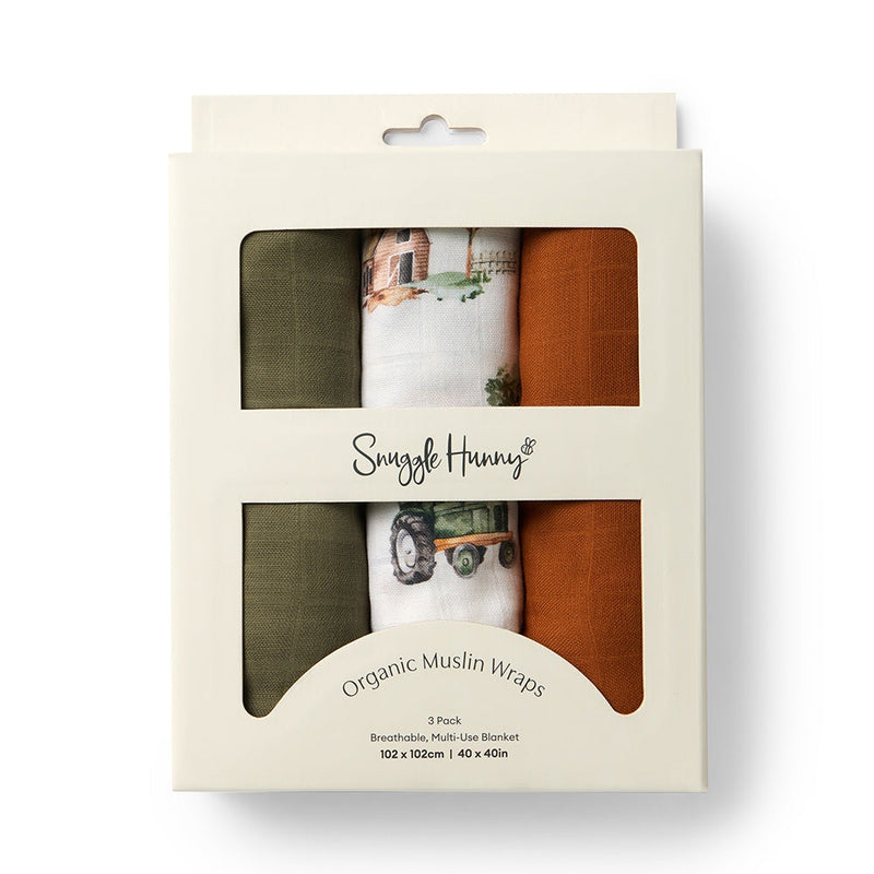 Snuggle Hunny organic muslin wraps packaging with three different colored wraps inside.