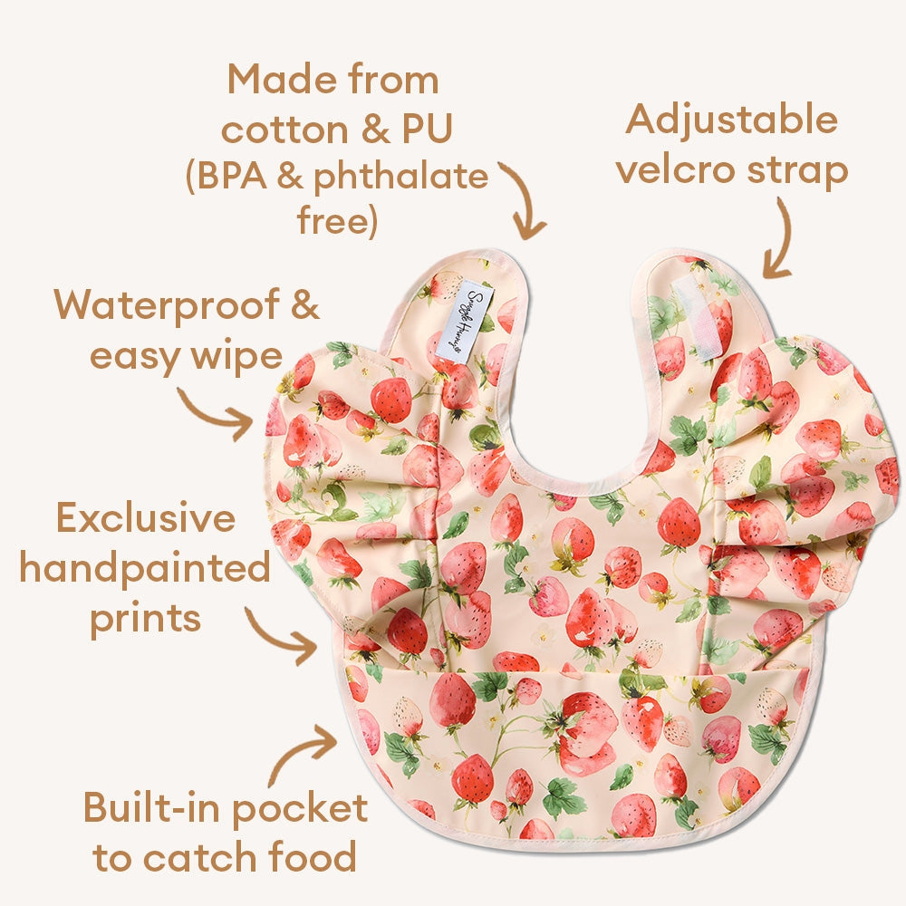 Snuggle Hunny strawberry patterned feeding bib from Meridian Baby